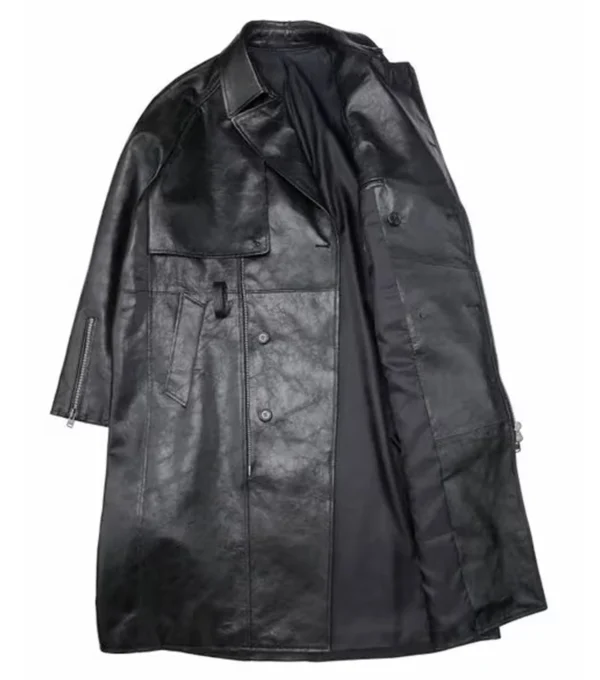 Zayker Double Breasted Long Leather Trench Coat Inner