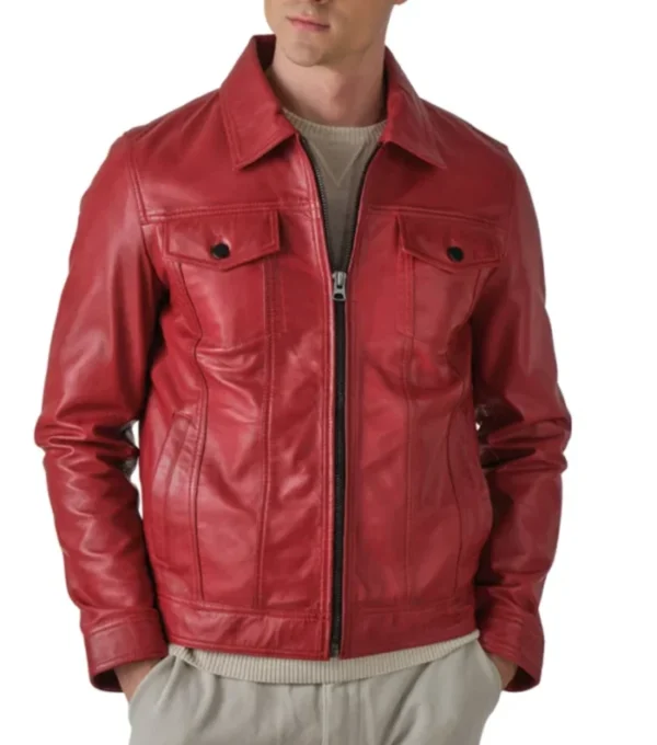 Zaymor Red Leather Trucker Jacket