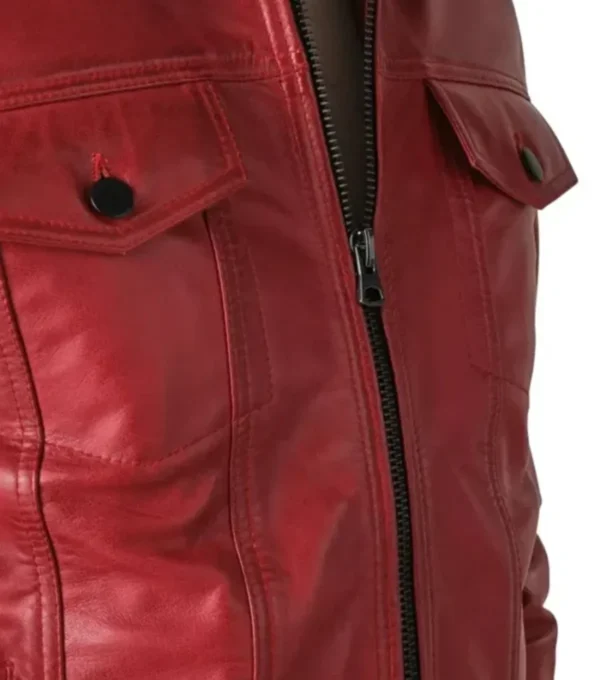 Zaymor Red Leather Trucker Jacket Closer