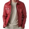 Zaymor Red Leather Trucker Jacket Front