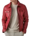 Zaymor Red Leather Trucker Jacket Front