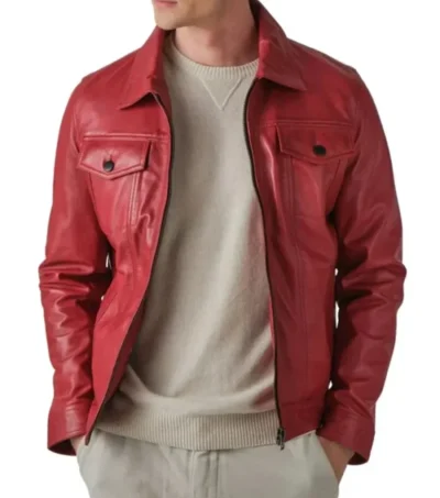 Zaymor Red Leather Trucker Jacket Front