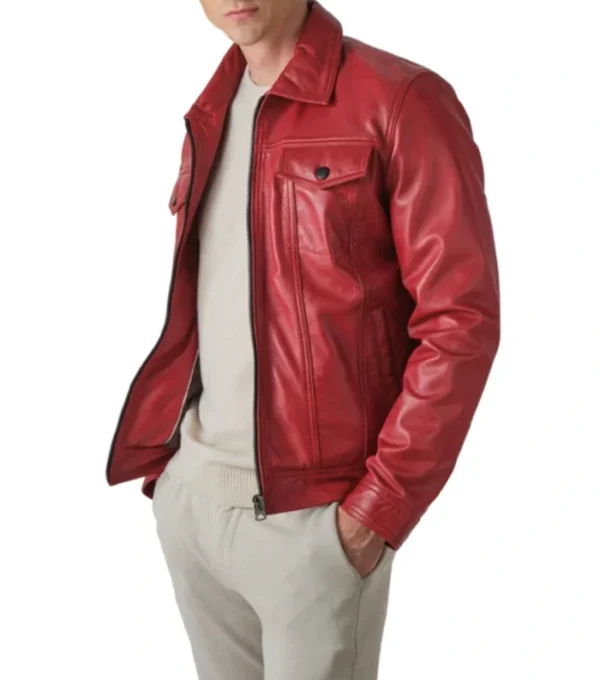 Zaymor Red Leather Trucker Jacket Side Look