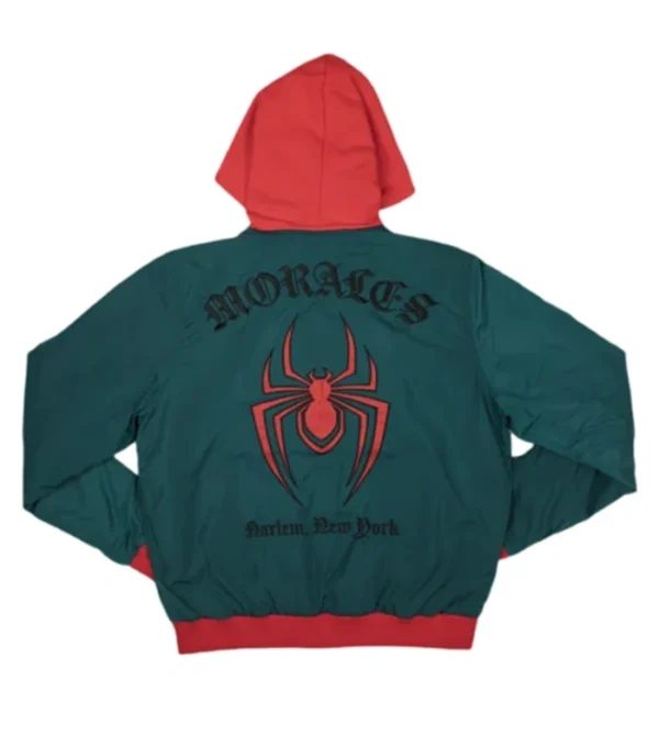 Zephron Green Miles Morales Polyester with Red Hoodie Jacket Back Look