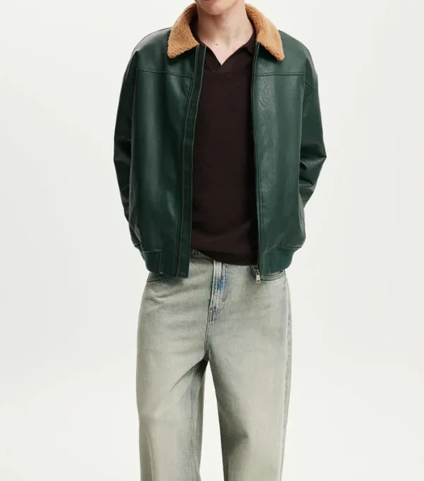 Zyphros Green Bomber with Brown Fur Collar Jacket
