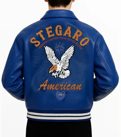 American Blue Studded Leather Jacket Back Look