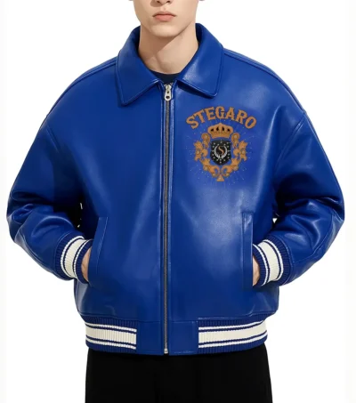 American Blue Studded Leather Jacket Front