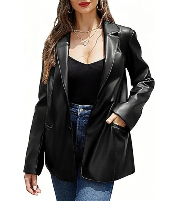 Faith Black Leather Blazer Jacket Front