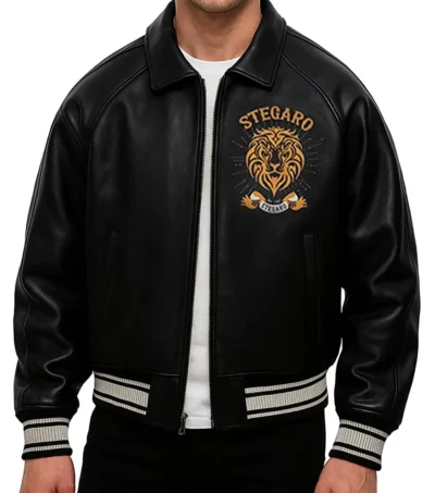Gold Lion Leather Jacket Front Look