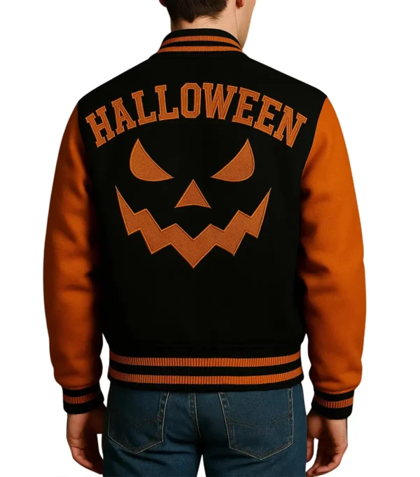 Halloween Pumpkin Varsity Jacket Back Look