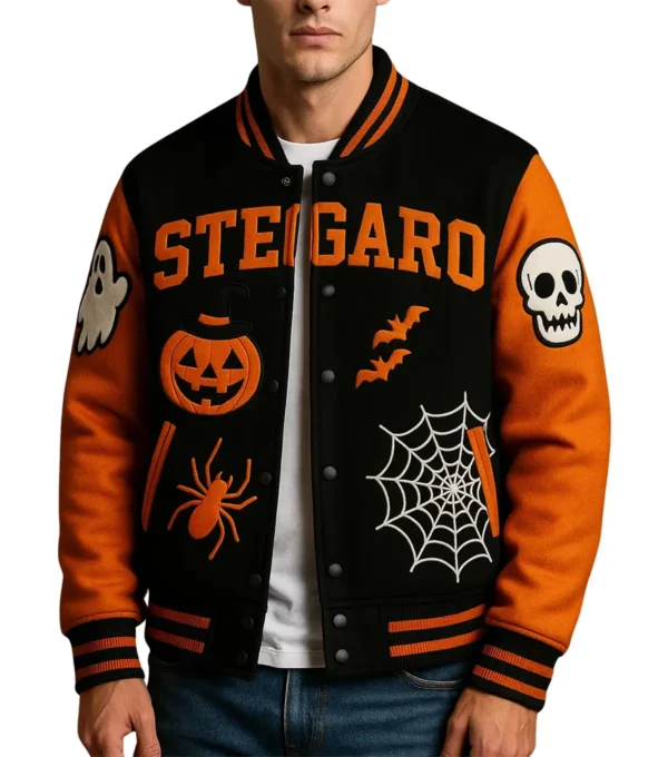 Halloween Pumpkin Varsity Jacket Front Look