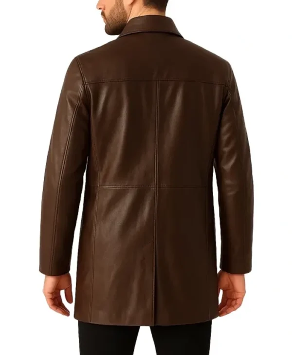 Jett Brown Leather Trench Coat Back Look