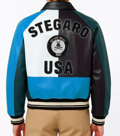 Multicolor Bomber Leather Blue Jacket Back