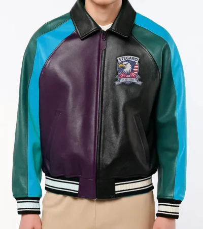 Multicolor Bomber Leather Blue Jacket Front
