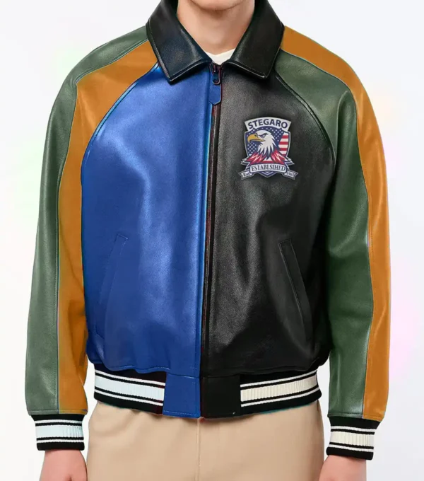 Multicolor Bomber Leather Green Jacket Front