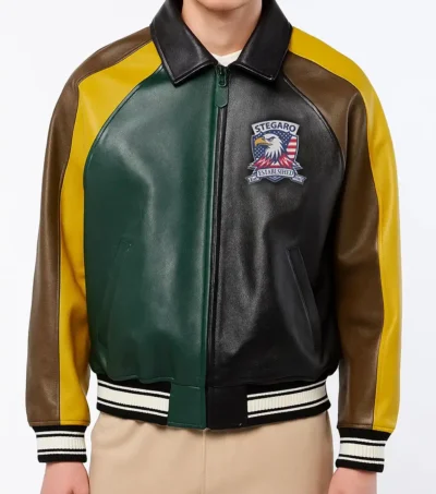 Multicolor Bomber Leather Yellow Jacket Front