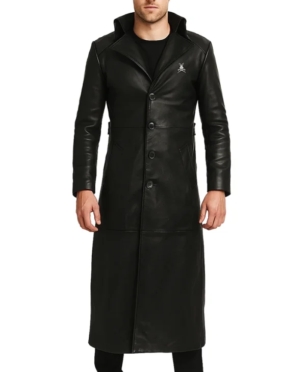 Neyvar Hooded Black Leather with Front Button Closure Jacket