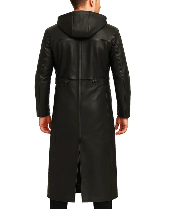 Neyvar Hooded Black Leather with Front Button Closure Jacket Back