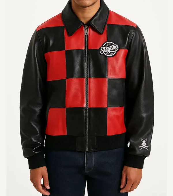 Panther Check Style Bomber Leather Jacket