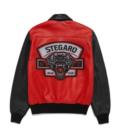 Panther Check Style Bomber Leather Jacket Back