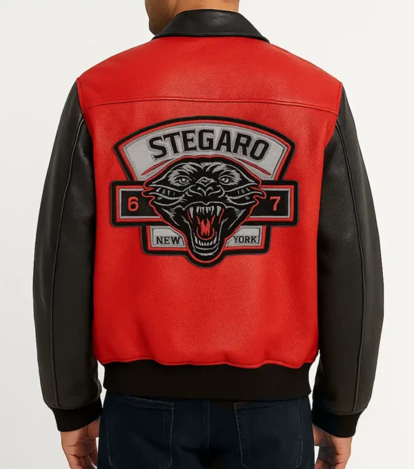 Panther Check Style Bomber Leather Jacket Back Look