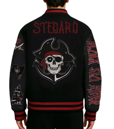 Pirate Sea Rider Black Varsity Jacket Back Look