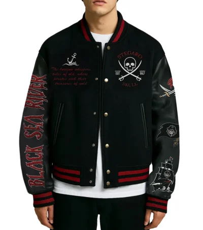 Pirate Sea Rider Black Varsity Jacket Front Look