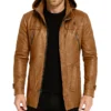 Rhydor Brown Leather Coat with Hooded
