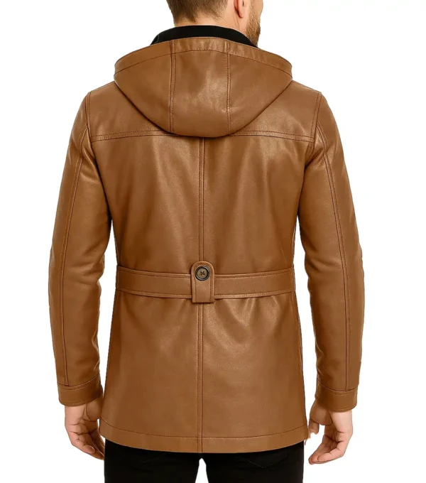 Rhydor Brown Leather Coat with Hooded Back