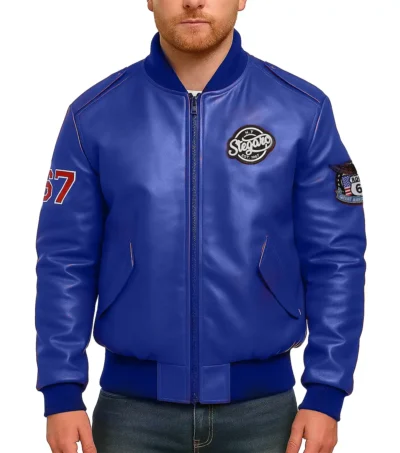 Route 67 Leather Blue Jacket Front