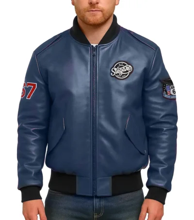 Route 67 Leather Navy Blue Jacket Front