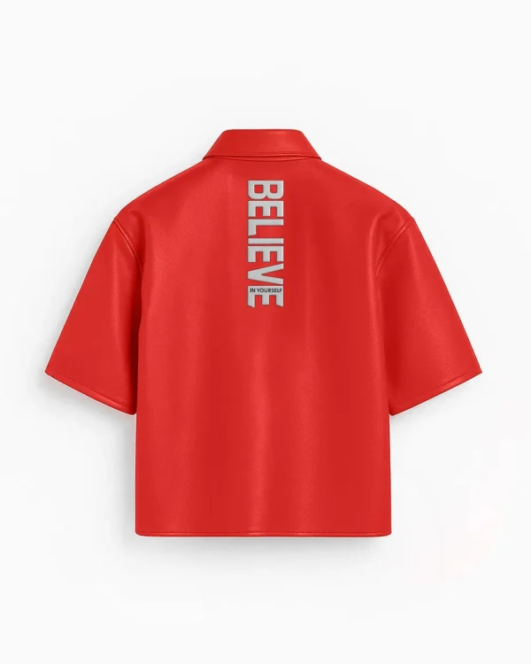 Believer Oversized Snap Red Shirt Back Look