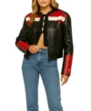 Black Cafe Racer Leather Jacket Women Red And White Stripes