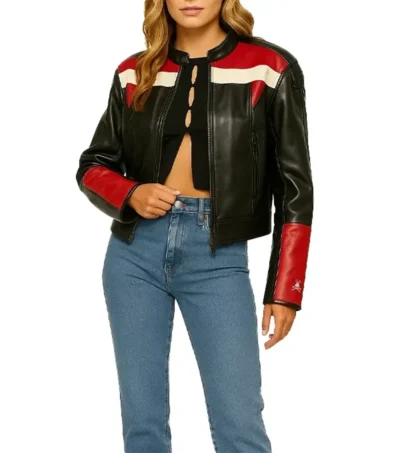 Black Cafe Racer Leather Jacket Women Red And White Stripes