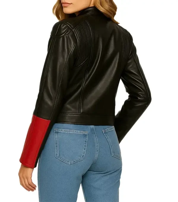 Black Cafe Racer Leather Jacket Women Red And White Stripes Back