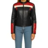 Black Cafe Racer Leather Jacket Women Red And White Stripes Front