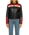 Black Cafe Racer Leather Jacket Women Red And White Stripes Front