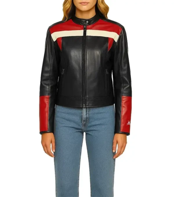 Black Cafe Racer Leather Jacket Women Red And White Stripes Front