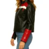 Black Cafe Racer Leather Jacket Women Red And White Stripes Side Look