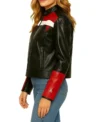 Black Cafe Racer Leather Jacket Women Red And White Stripes Side Look