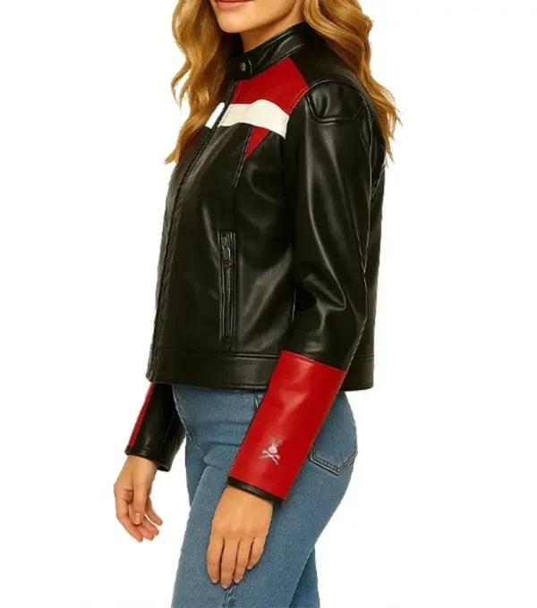 Black Cafe Racer Leather Jacket Women Red And White Stripes Side Look
