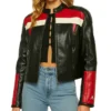 Buy Black Cafe Racer Leather Jacket Women Red And White Stripes