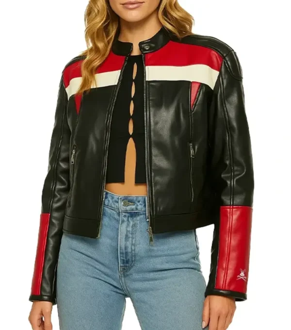 Buy Black Cafe Racer Leather Jacket Women Red And White Stripes
