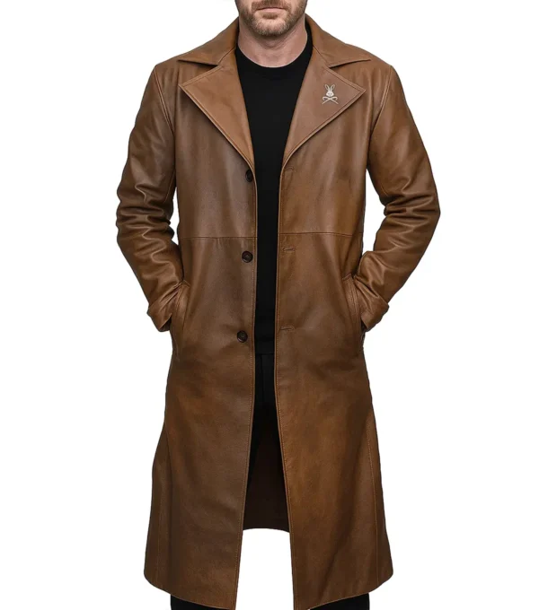 Darnell Brown Long Leather Lapel Collar Coat