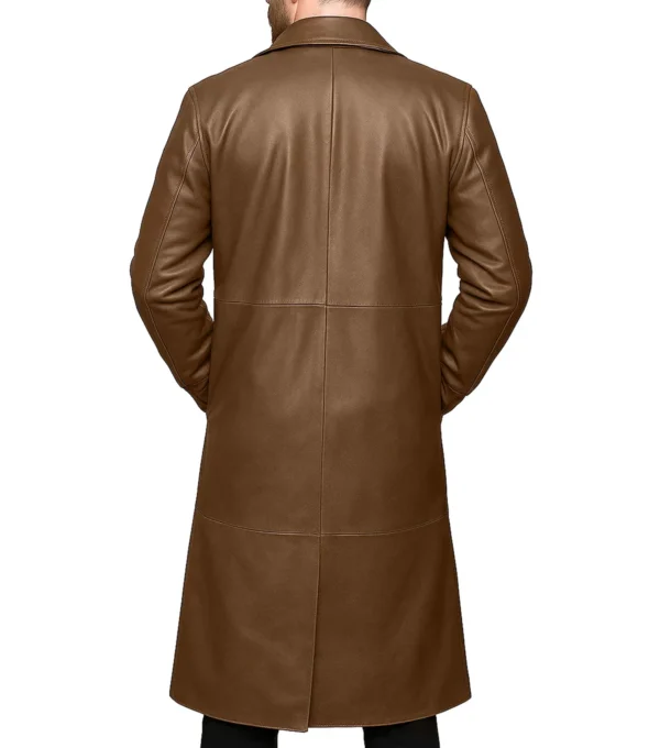 Darnell Brown Long Leather Lapel Collar Coat Back