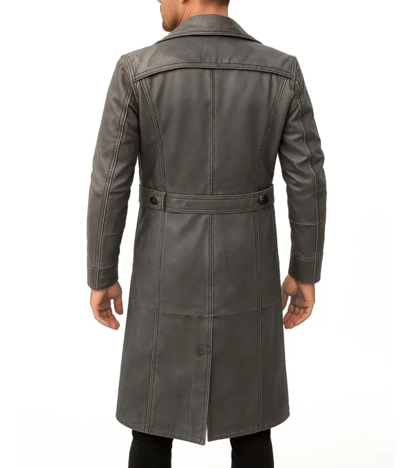 Distressed Grey and Black Leather Long Length Coat Back