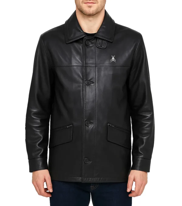 Dravon Black Button Closure Leather Coat