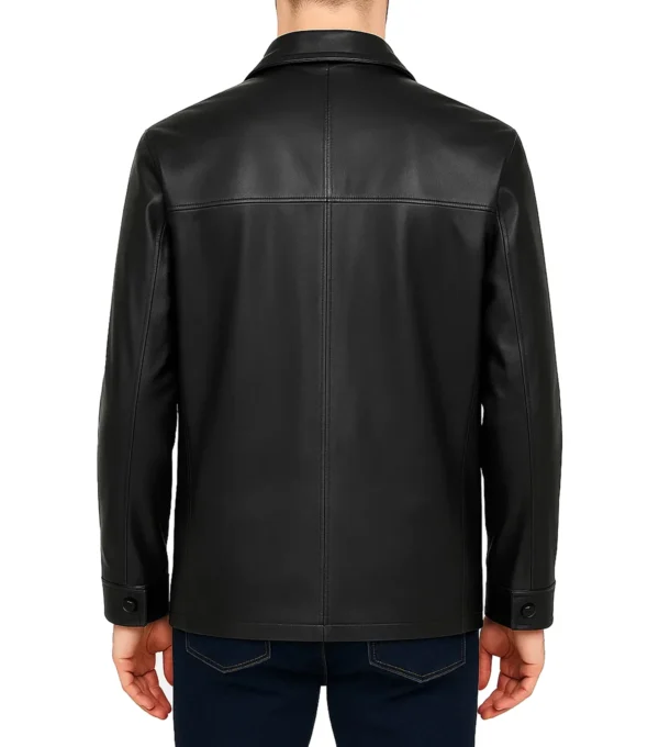 Dravon Black Button Closure Leather Coat Back