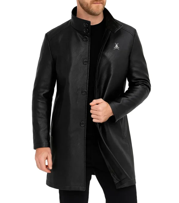 Kaelen Stand Up Collar Black Leather Coat