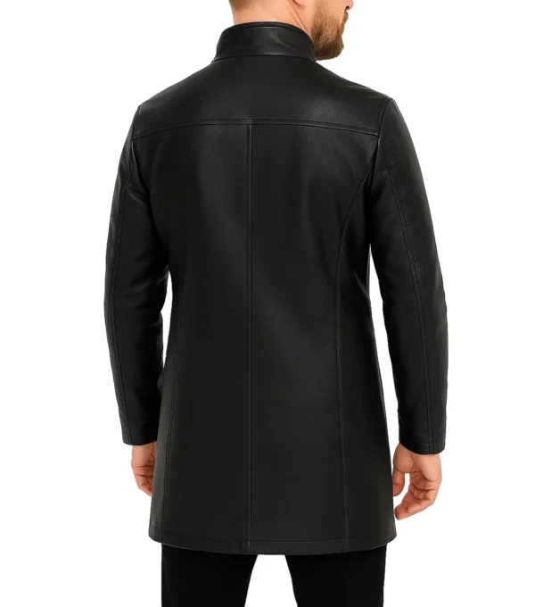 Kaelen Stand Up Collar Black Leather Coat Back